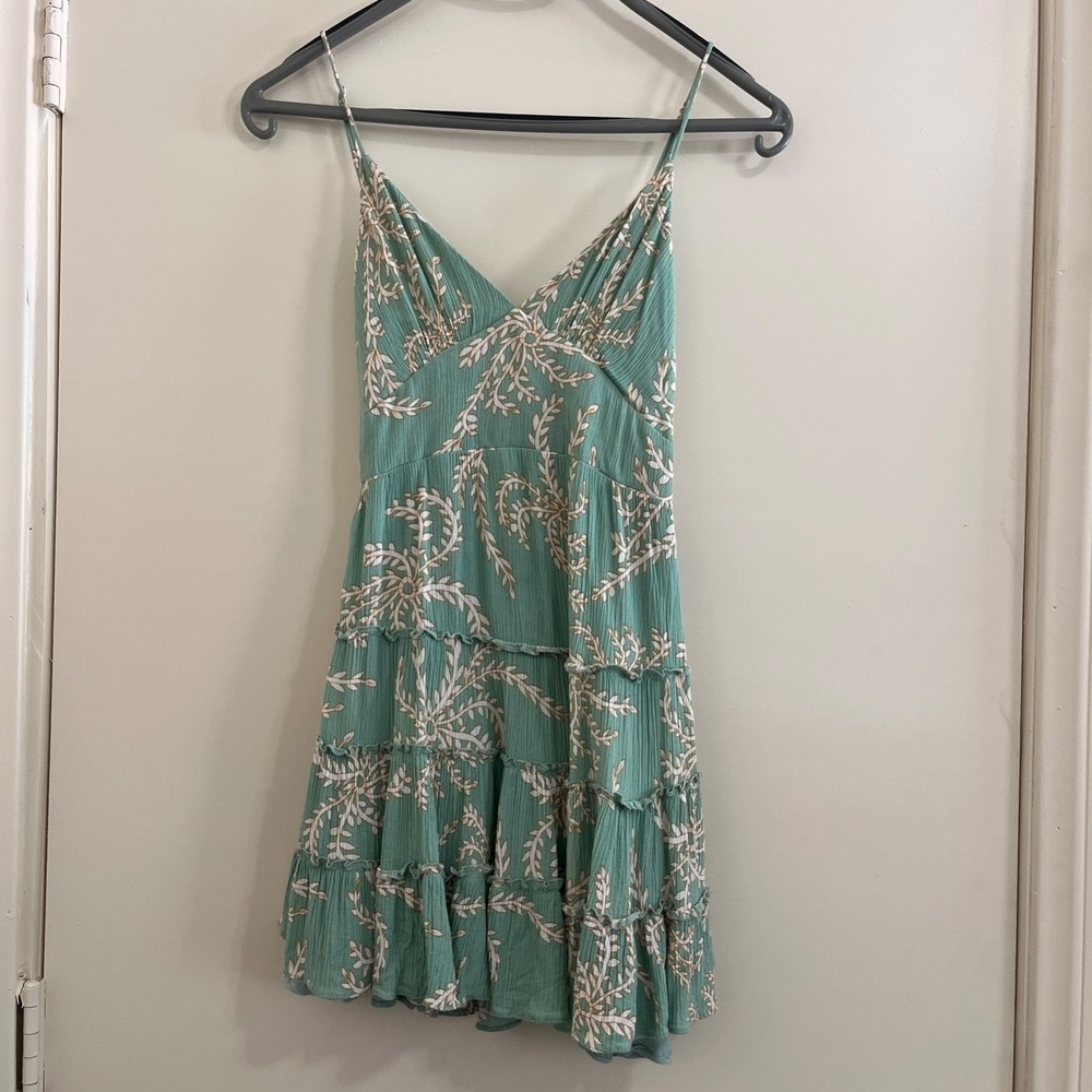 Y2K Floral Tiered Mini Dress XS Sage Green Boho Fairy Cottage Festival Whimsical